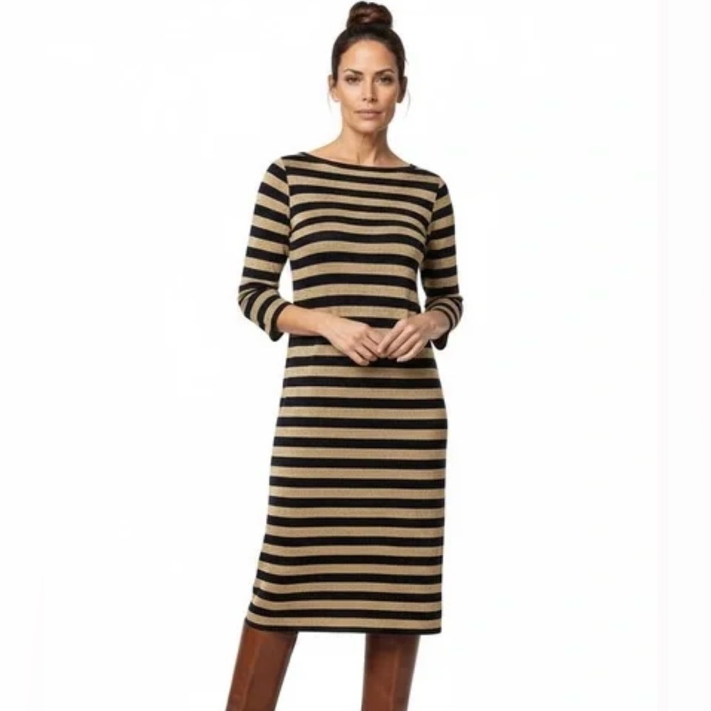 Lauren Ralph Lauren Gold & Navy Jayde Striped Knit Dress Sz Med